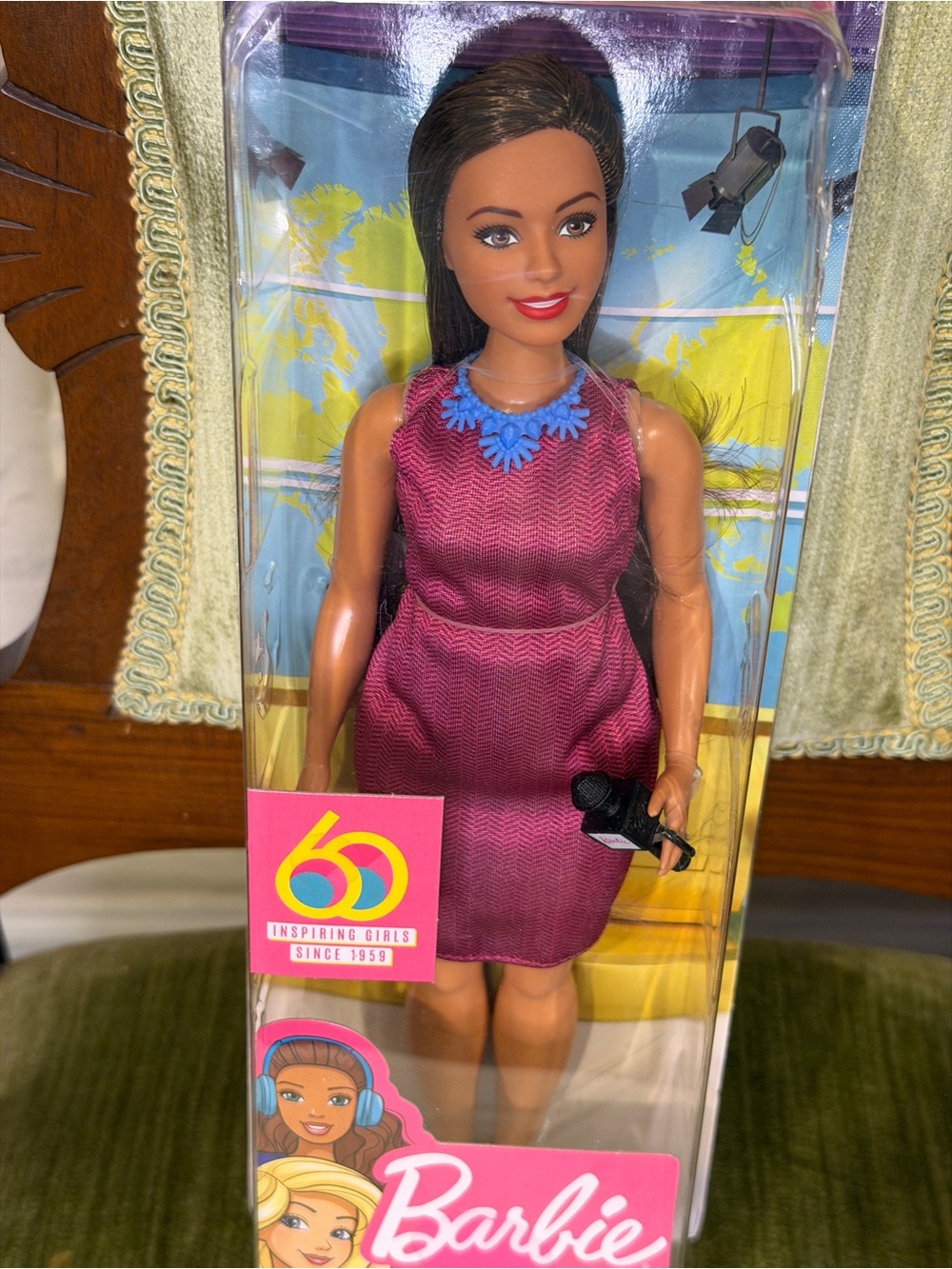 News Anchor Barbie Doll in Burgundy Dress with Microphone